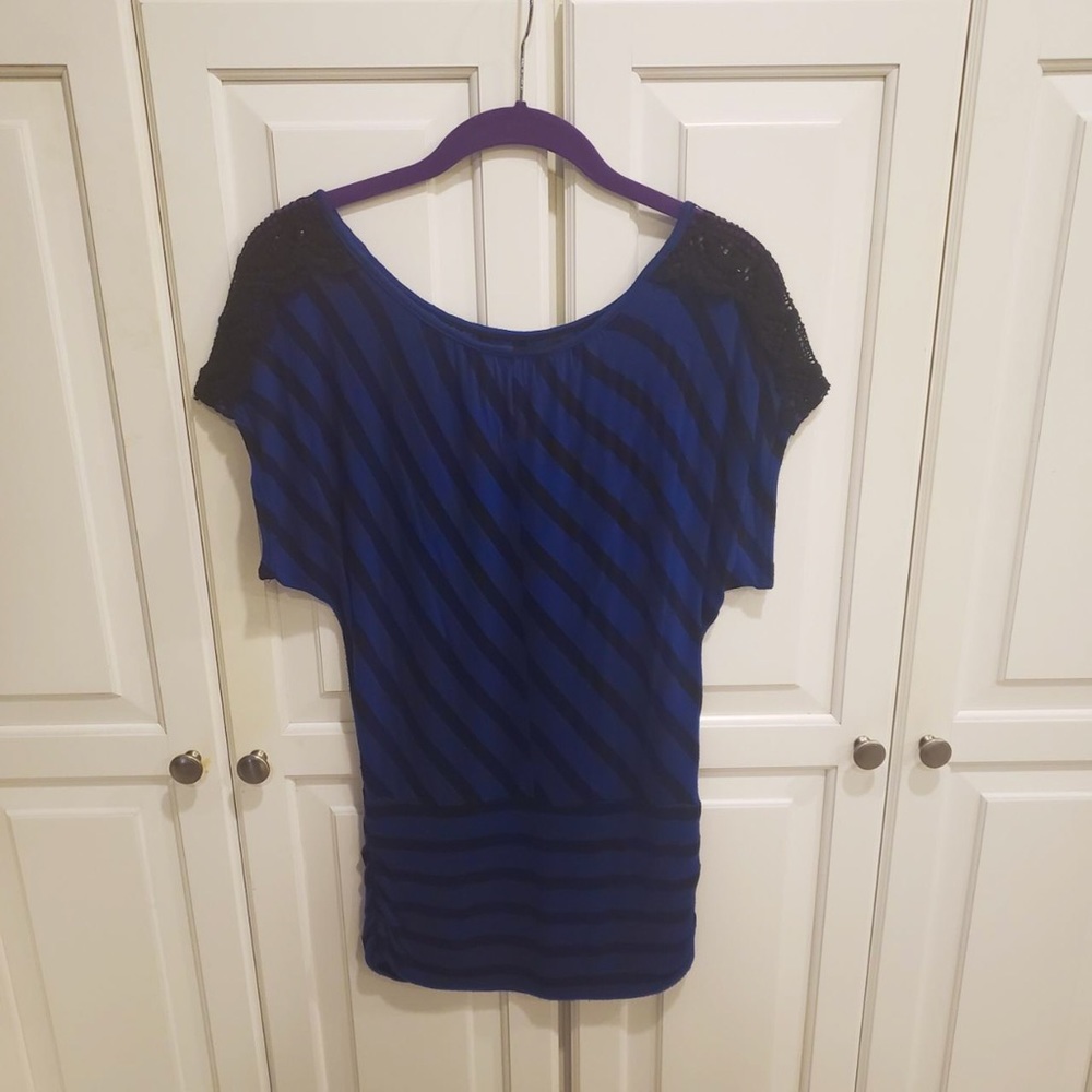 iz Byer Striped Blouse with Lace Detail